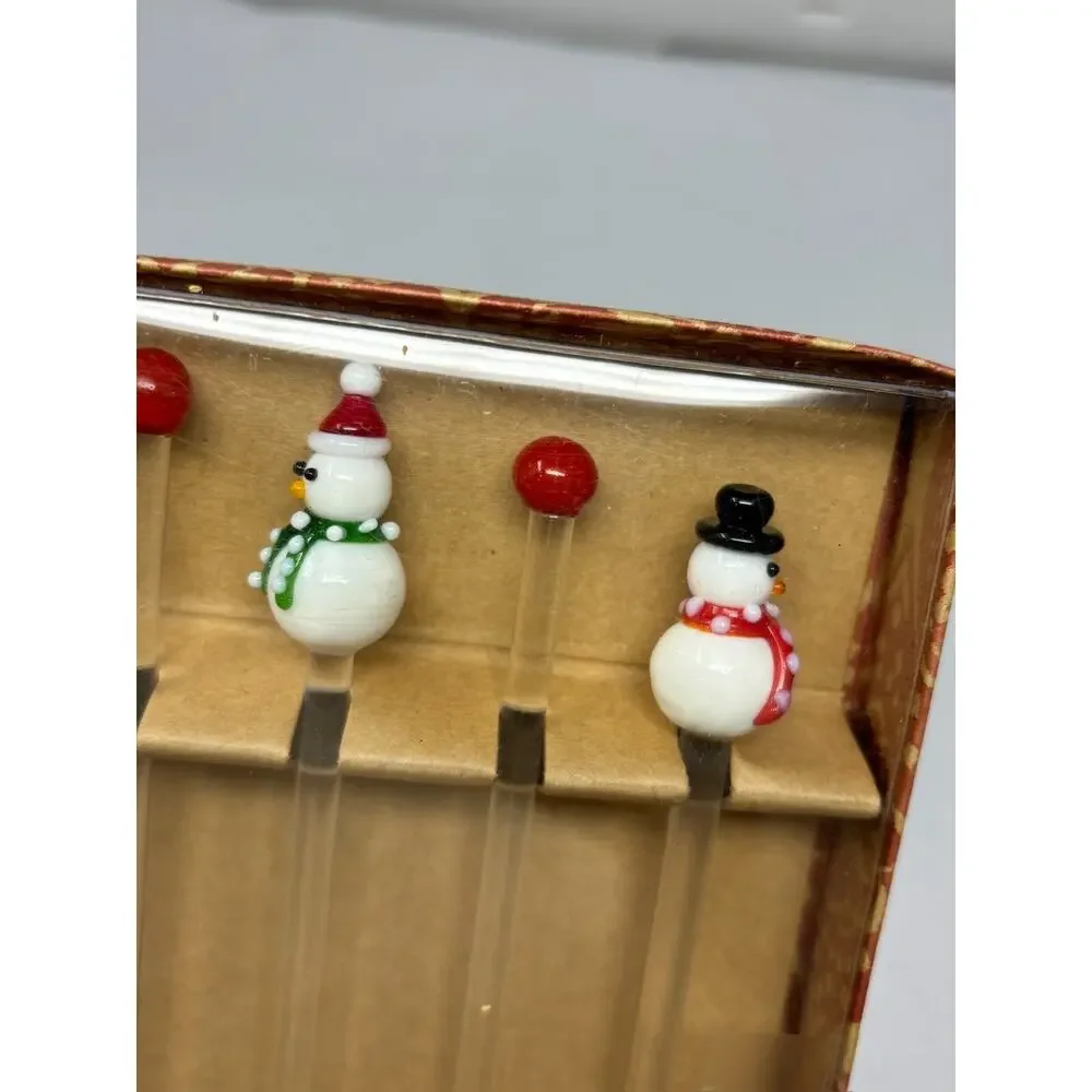 Pier 1 Glass Snowman Swizzle Sticks Set Of 4 White‎ and Clear 8